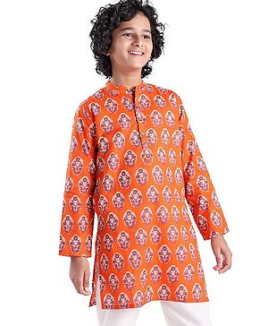 Pine Kids Full Sleeves Floral Printed Cotton Kurta - Orange