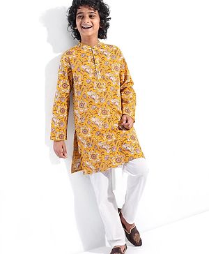 Pine Kids 100% Cotton Woven Full Sleeves Kurta Floral Print - Mustard