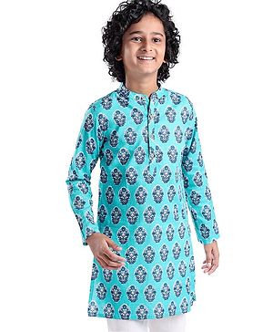Pine Kids Full Sleeves Floral  Printed Cotton Kurta - Light Blue