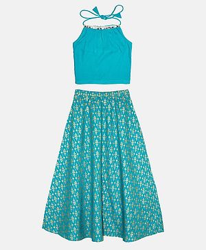 Kiddopanti Sleeveless Halter Neck Sequin Embellished Choli & Ethnic Floral Motif Printed Ghagra Set - Peacock Green