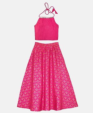 Kiddopanti Sleeveless Halter Neck Sequin Embellished Choli & Ethnic Floral Motif Printed Ghagra Set - Fuchsia Pink