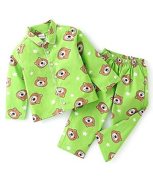 Babyhug Cotton Knit Full Sleeves Night Suit With Teddy Print - Green