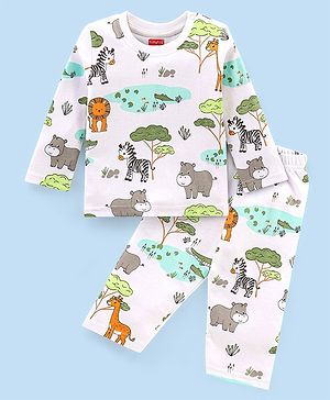 Babyhug Cotton Interlock Knit Full Sleeves Night Suit With Zebrea Print - White