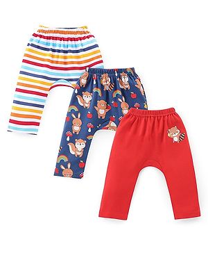 Babyhug Cotton Knit Full Length Bear Print Diaper Pants Pack of 3 - Multicolour