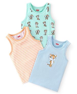 Babyhug 100% Cotton Knit Antibacterial Sleeveless Sando With Striped & Tiger Print Pack of 3 - Green Orange & Blue