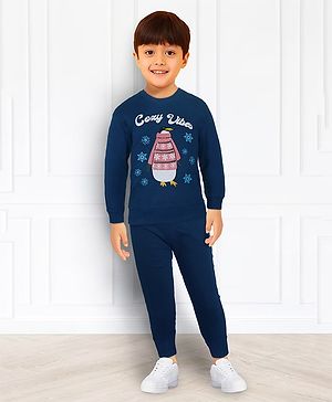 TOONYPORT Full Sleeves Placement Cozy Vibes Penguin Printed Sweatshirt & Joggers Set - Blue