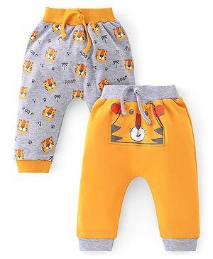 Babyhug Cotton Knit Full Length Tiger Print Diaper Pants Pack of 2 - Yellow & Grey
