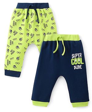 Babyhug Cotton Full Length Diaper Pants Text Print Pack of 2- Blue & Green