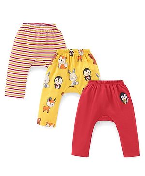 Babyhug Cotton Interlock Knit Full Length Diaper Legging Stripes & Bunny Print Pack Of 3 - Multicolor