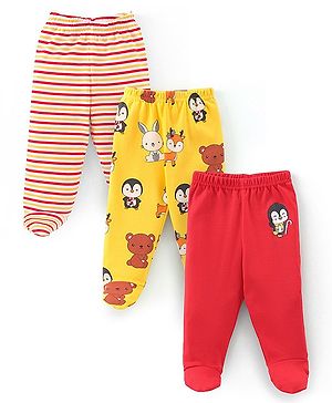 Babyhug Cotton Knit Footed Bootie Leggings Bear Printed  Pack of 3 - Yellow & Red
