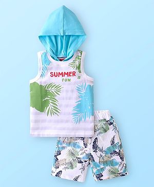 Babyhug Single Jersey Knit Sleeveless T-Shirt & Shorts with Tropical & Text Print - White & Blue