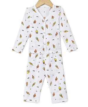 The Boo Boo Club  Muslin Full Sleeves  Ice Cream Candy Printed Coordinating Night Suit - White