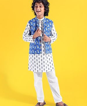 Pine Kids Full Sleeves Floral Printed Kurta Pyjama With Jacket - White & Blue