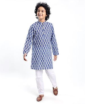 Pine Kids 100% Cotton Woven Full Sleeves Floral Printed Kurta - Blue