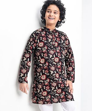 Pine Kids 100% Cotton Woven Full Sleeves Floral Printed Kurta - Black