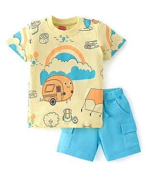 Babyhug 100% Cotton Single Jersey Knit Half Sleeves T-Shirt & Shorts Set Van Print - Yellow & Blue