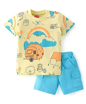 Babyhug 100% Cotton Single Jersey Knit Half Sleeves T-Shirt & Shorts Set Van Print - Yellow & Blue