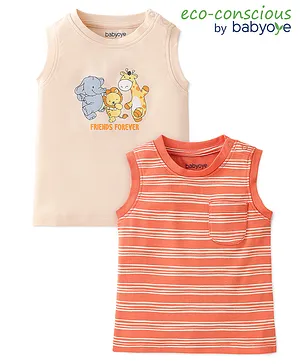 Babyoye 100% Cotton With Eco Jiva Sleeveless T-Shirts Animal Print & Striped Pack of 2 - Orange & Pink