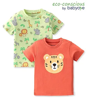 Babyoye 100% Cotton with Eco Jiva Finish Half Sleeves T-Shirt With Animals Print Pack Of 2 - Green & Orange