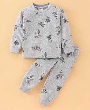 Rassha Full Sleeves All Over Botanical Printed Coordinating Sweatshirt & Jogger Set - Grey Melange