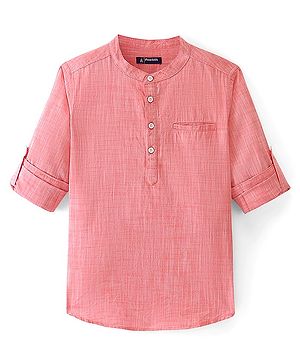 Pine Kids Cotton Full Sleeves Roll Up Shirt With Mandarin Collar - Orange