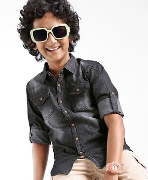 Pine Kids Cotton Woven Full Sleeves Washed Denim Shirt - Black
