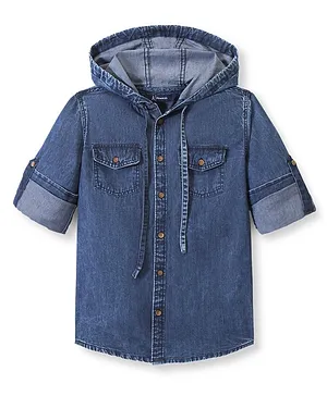 Pine Kids Cotton Woven Full Sleeve Denim Hooded Shirt With Pocket Solid Color- Blue