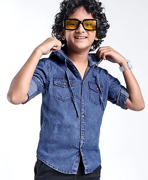 Pine Kids Cotton Woven Full Sleeve Denim Hooded Shirt With Pocket Solid Color- Blue