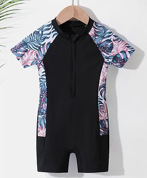 Pine Kids Raglan Half Sleeves Legged Swimsuit Leafy Print - Black