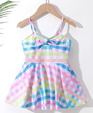 Pine Kids Sleeveless Checkered Frock Style Swimsuit - Multicolor
