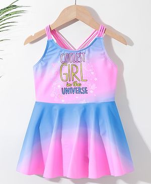 Pine Kids Sleeveless Text Printed Frock Style Swimsuit -Pink