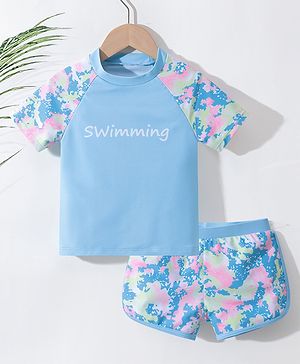 Pine Active Half Sleeves Two Piece Swimsuit Splash Print- Blue