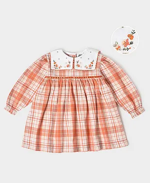 Mi Arcus 100% Cotton Full Sleeves Floral Embroidered & Checked  Pre Winter Dress - Peach