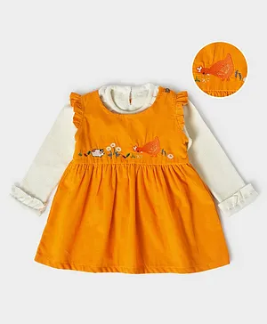 Mi Arcus  100% Cotton 58% Acrylic  26% Nylon And 16% Polyester Full Sleeves Solid Top With Floral Embroidered  Dungaree Dress - Mustard Yellow