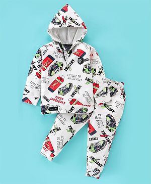 Dapper Dudes Full Sleeves Text Printed   Hooded Sweatshirt With Coordinating Track Pant Set - White