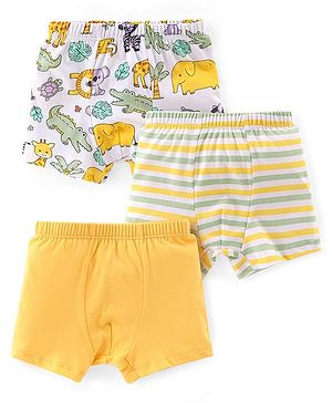 Babyhug 100% Cotton Knit Solid Stripe & Animal Print Trunk Pack of 3- White & Yellow