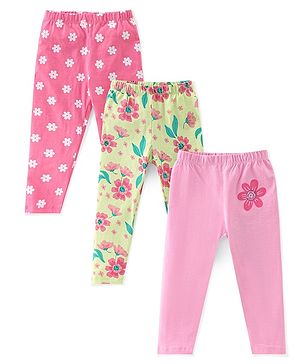 Babyhug Cotton Lycra Full Length Floral Printed Leggings Pack of 3 - Pink & Cream