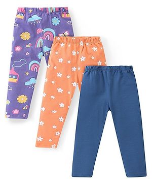 Babyhug Cotton Lycra Full Length Leggings With Stretch Floral & Rainbow Print Pack of 3 - Multicolor