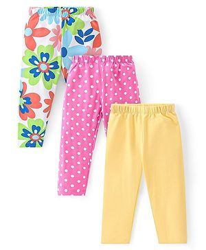 Babyhug Cotton Lycra Knit Full Length Leggings With Strech Floral Print Pack of 3 - Multicolor