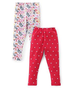 Babyhug Cotton Lycra Full Length Legging With Floral Print Pack Of 2 - Red & White