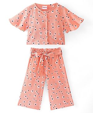 Babyhug 100% Cotton Knit Half Sleeve Top & Culottes Floral Print - Peach