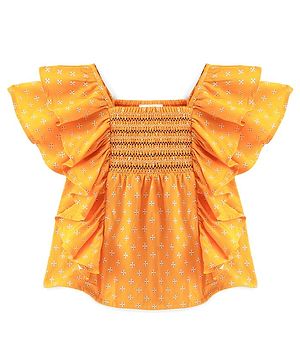 Babyhug 100% Rayon Woven Half Sleeves Floral Printed Top with Frill & Smocking Detailing - Mustard