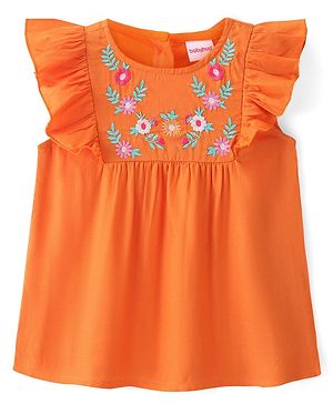 Babyhug Rayon Woven Sleeveless Top with Frill & Floral Embroidery Detailing - Orange