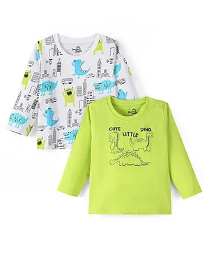 Doodle Poodle 100% Cotton Full Sleeves Dino Printed T-Shirts Pack of 2 - White & Green