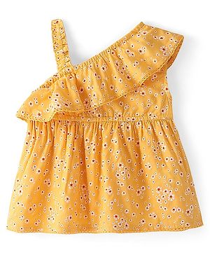 Babyhug Rayon Woven Singlet Sleeves Top with Frill & Lace Detailing Floral Print - Yellow