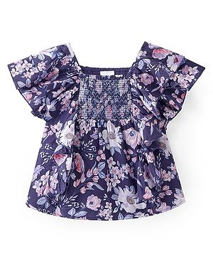 Babyhug Rayon Woven Half Sleeves Top With Smocking & Frill Detailing Floral Print - Purple