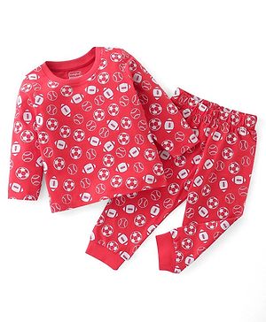 Babyhug Cotton Knit Full Sleeves Night Suit With Football Print - Red