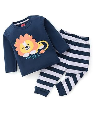 Babyhug Cotton Knit Full Sleeves Night Suit With Lion Print -Navy Blue & White