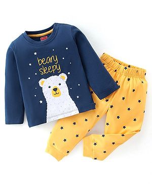 Babyhug Cotton Knit Full Sleeves Night Suit With Polar Bear Print - Navy Blue & Yellow