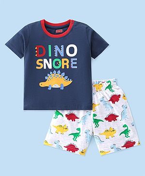 Babyhug Interlock Knit Half Sleeves Night Suit Dino Printed - Navy Blue